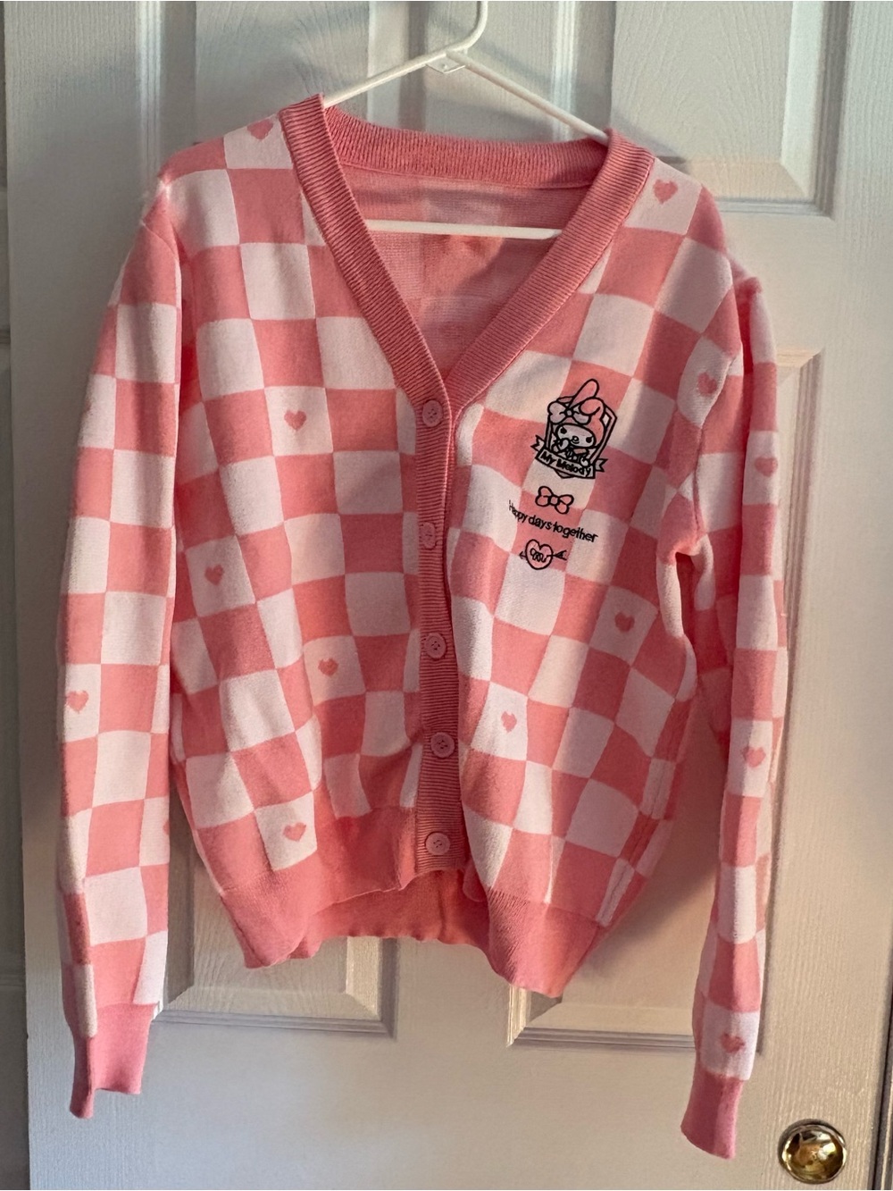 Sanrio Women’s My Melody Cardigan Pink Checkerboard Knit Button Up Medium